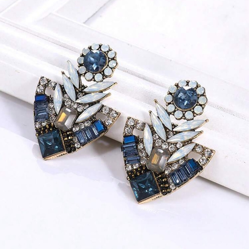 Ornate Triangle Crystal Earrings - Blue - Picture 1 of 6